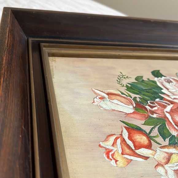 Vintage Oil Painting c1947 Bouquet of Roses in Wooden Frame Signed - Picture 7 of 14
